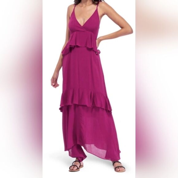 BOBEAU Ruffle Tier Woven Maxi Dress Raspberry Nwot Size XS - Picture 1 of 4